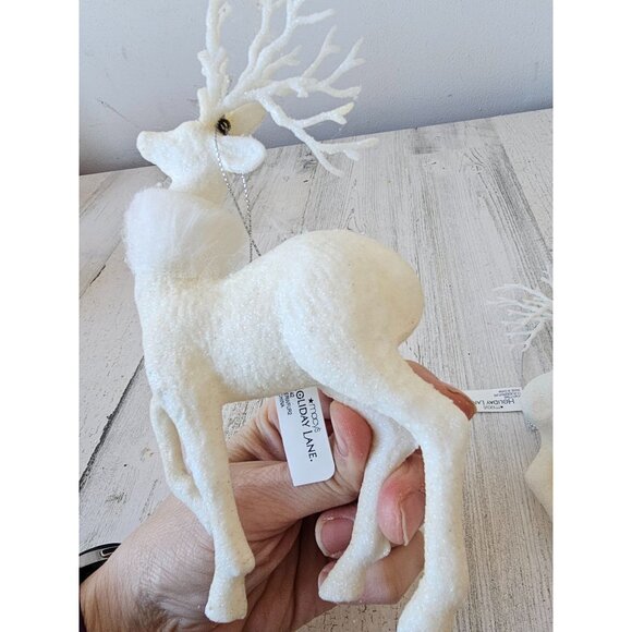 Vintage Macys holiday time reindeer fur glitter white ivory ornament Xmas tree - Picture 5 of 11
